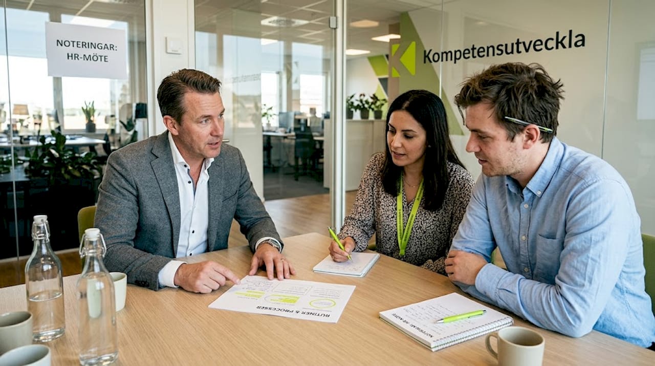 HR-avdelningen samlas i konferensrummet för att gå igenom rutiner kring smittskydd.