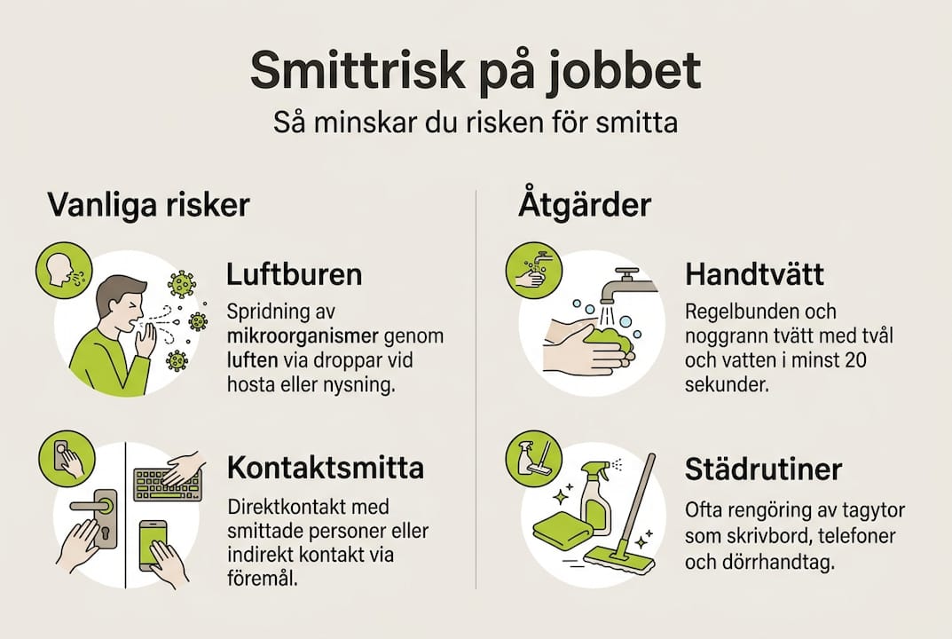 Grafik som visar hur smitta sprids på arbetsplatsen – och vad vi kan göra för att minska risken