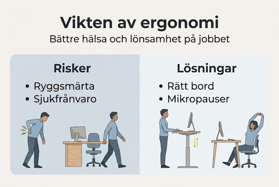 Illustration som visar vanliga ergonomiska risker på jobbet – och smarta sätt att förebygga dem