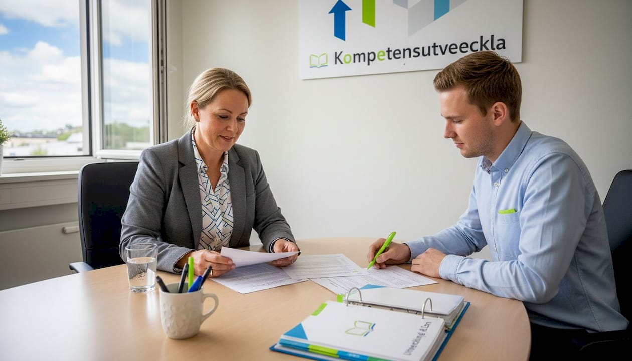Chef och medarbetare går igenom lönesamtalet tillsammans och diskuterar förväntningar och resultat.