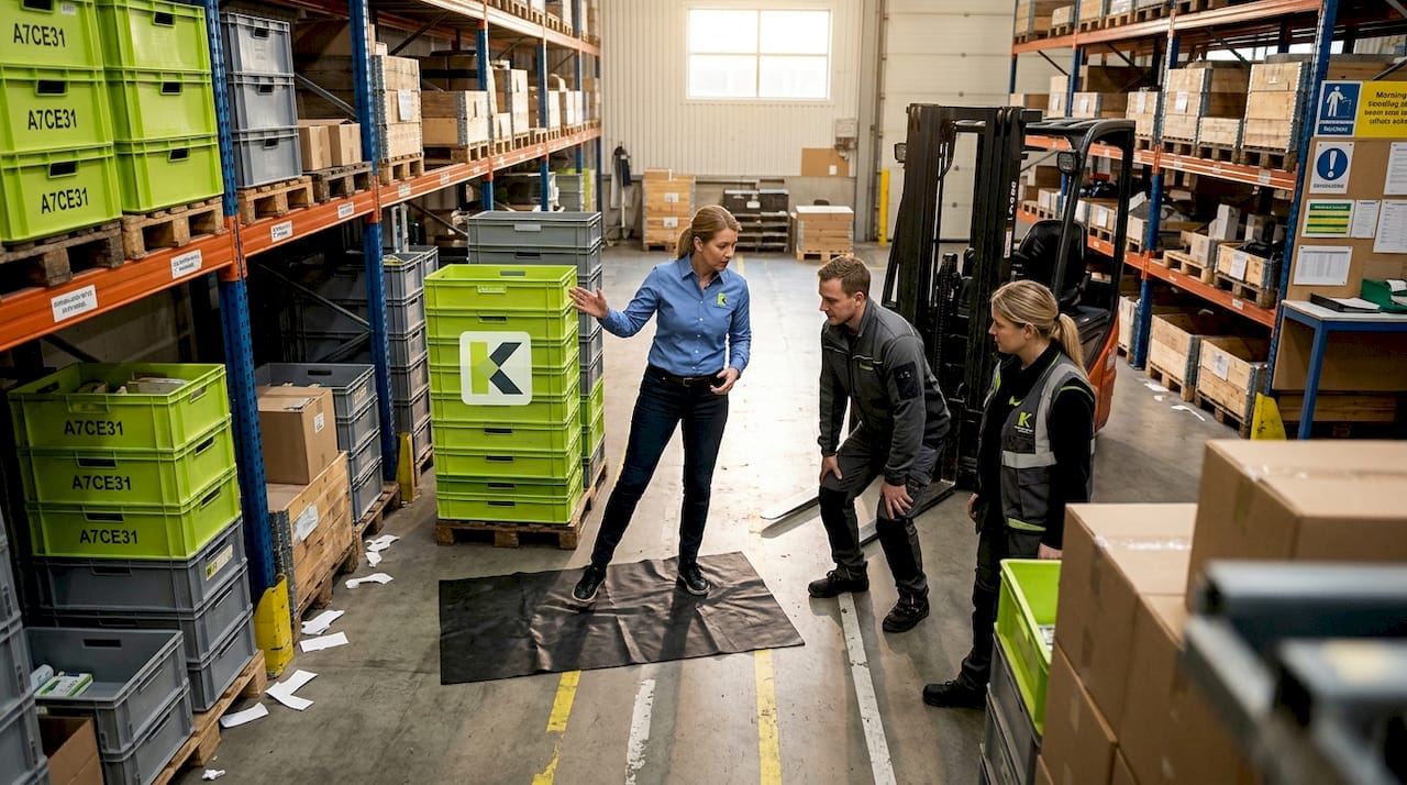 En produktionsledare går igenom säkerhetsrutiner med personalen ute på lagret.