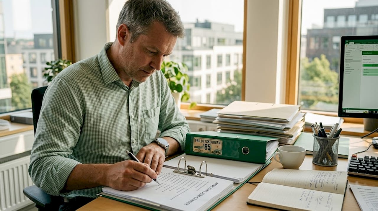 Chef som sitter vid sitt skrivbord och dokumenterar riskbedömningar i det systematiska arbetsmiljöarbetet