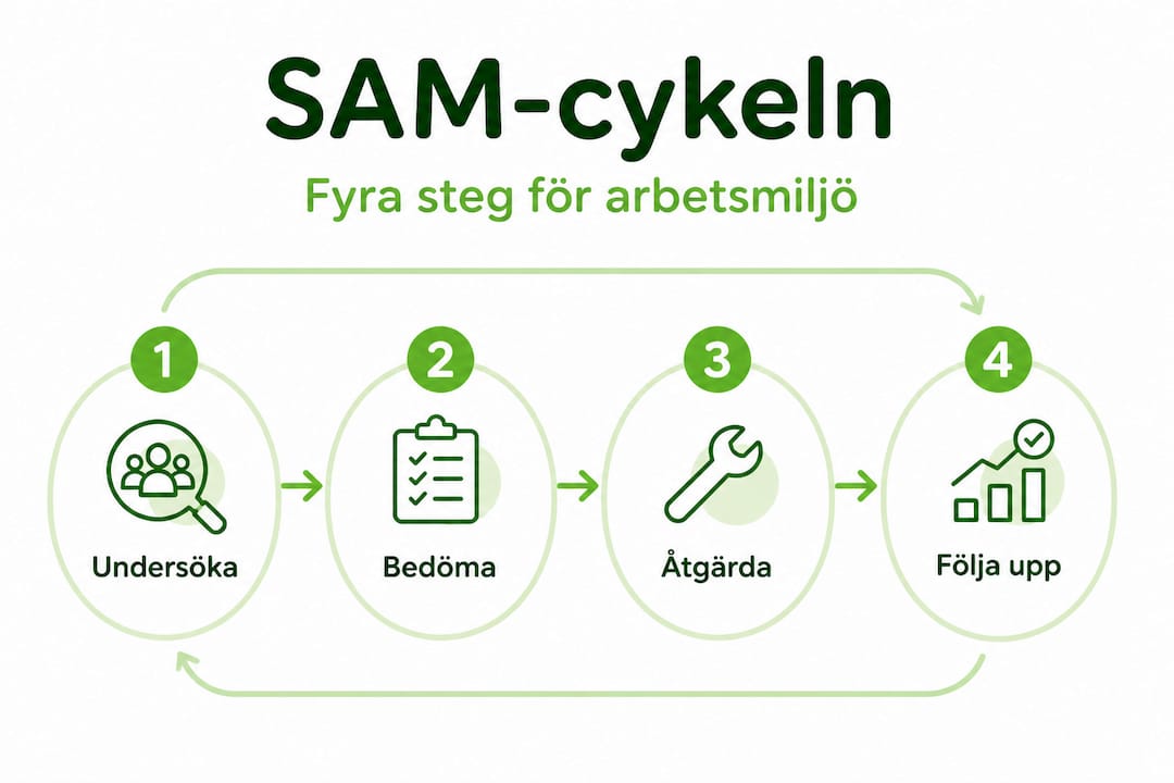 Infografik som visar SAM-cykelns fyra steg: undersöka, riskbedöma, åtgärda och följa upp