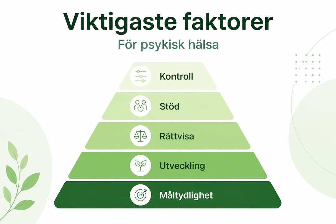 Infografik som visar viktiga faktorer för en god psykosocial arbetsmiljö på arbetsplatsen