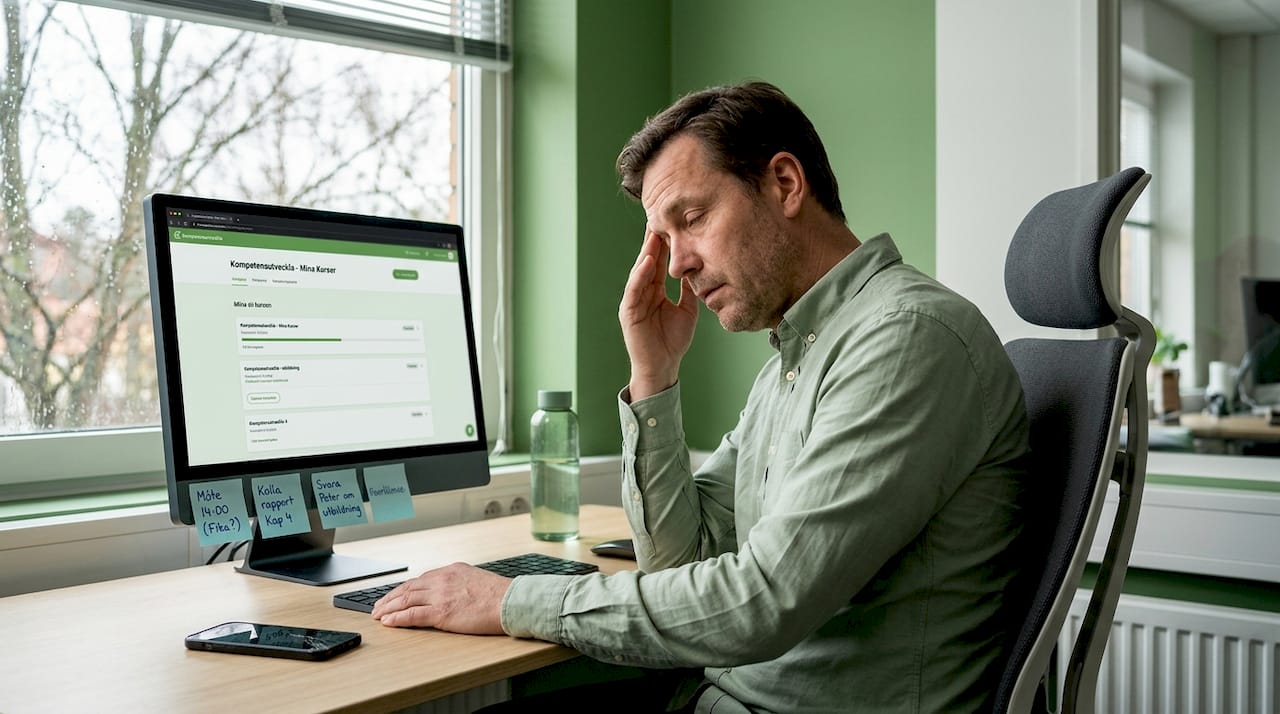 En trött kontorsarbetare sitter framför en dator i en pressad arbetssituation.