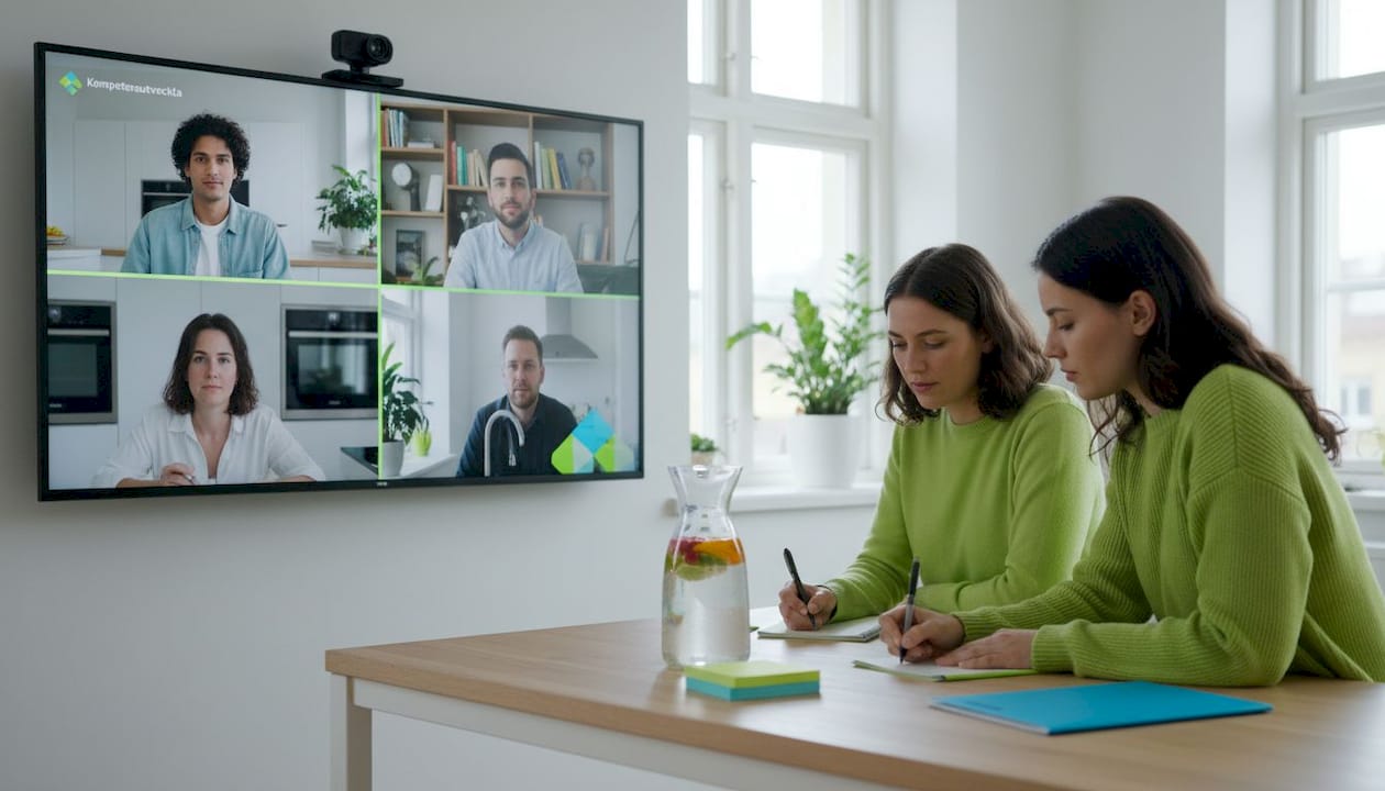 Fyra kollegor småpratar via chatten under ett digitalt möte