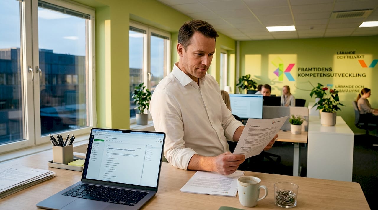 På jobbet går man igenom och ser över företagets policydokument.