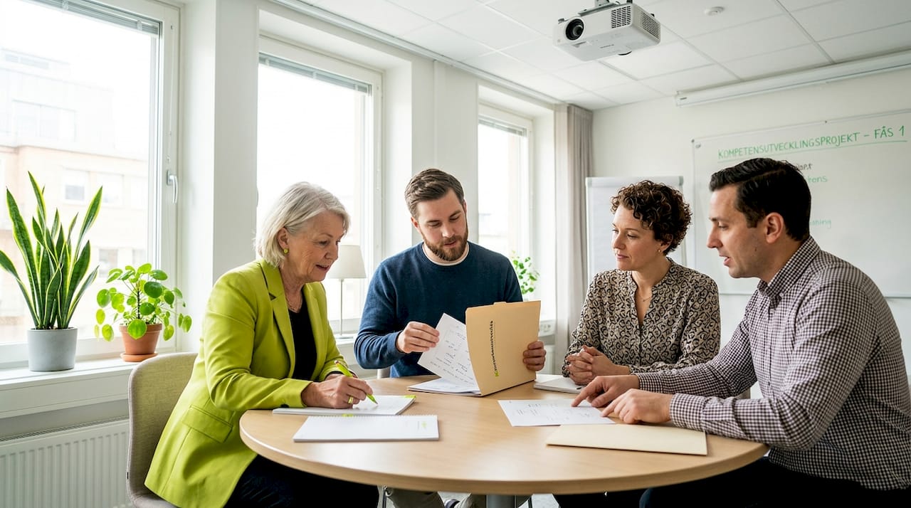 Ett team samlas runt bordet för att gå igenom några viktiga dokument tillsammans.