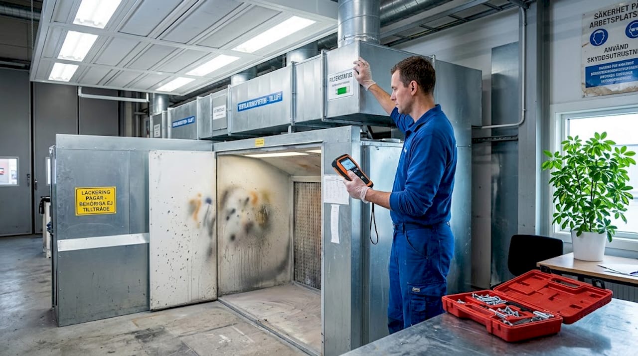 En tekniker justerar ventilationen i lackeringsboxen för att säkerställa rätt luftflöde.