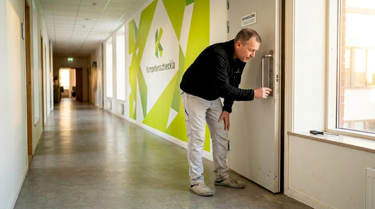 En tekniker går igenom branddörren på kontoret för att kontrollera att allt är som det ska.