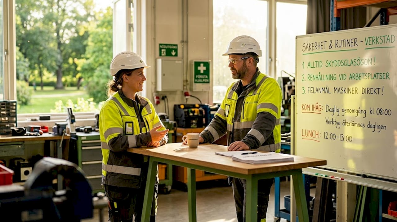 Två kollegor sitter vid fikabordet och pratar om hur de brukar hantera säkerhetsfrågor på jobbet.