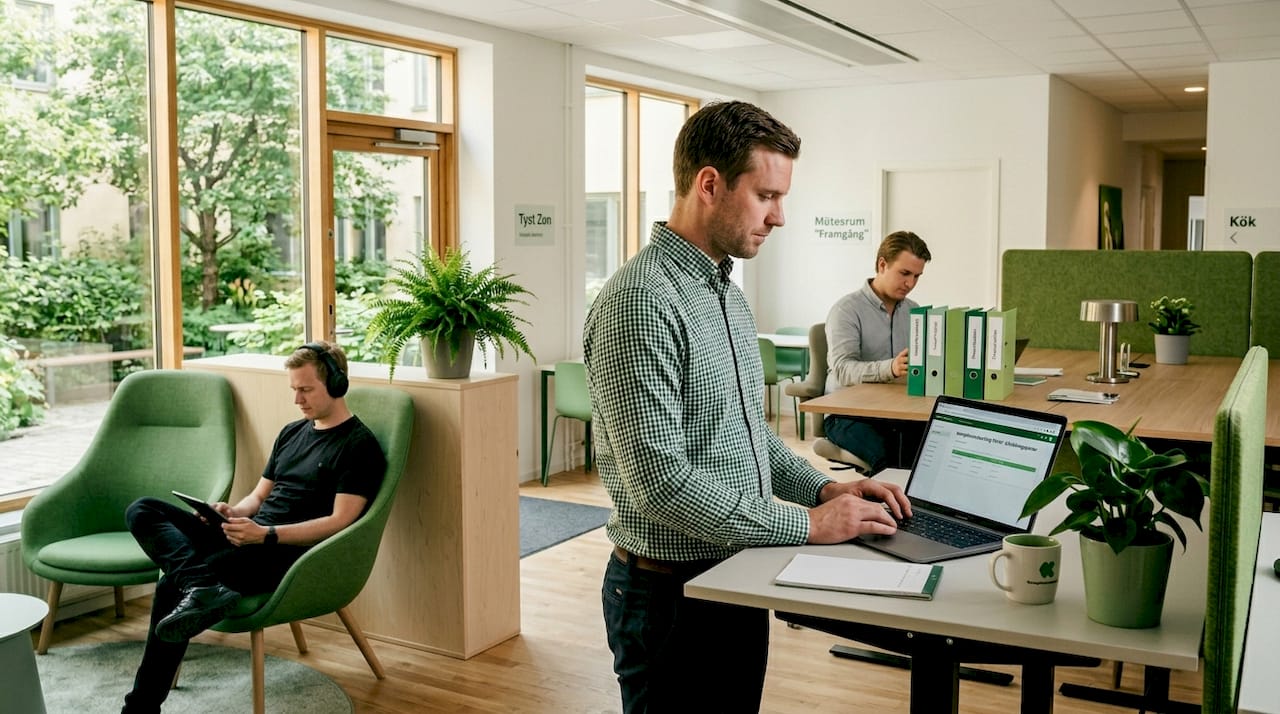 Medarbetare arbetar i olika zoner i ett flexibelt kontor