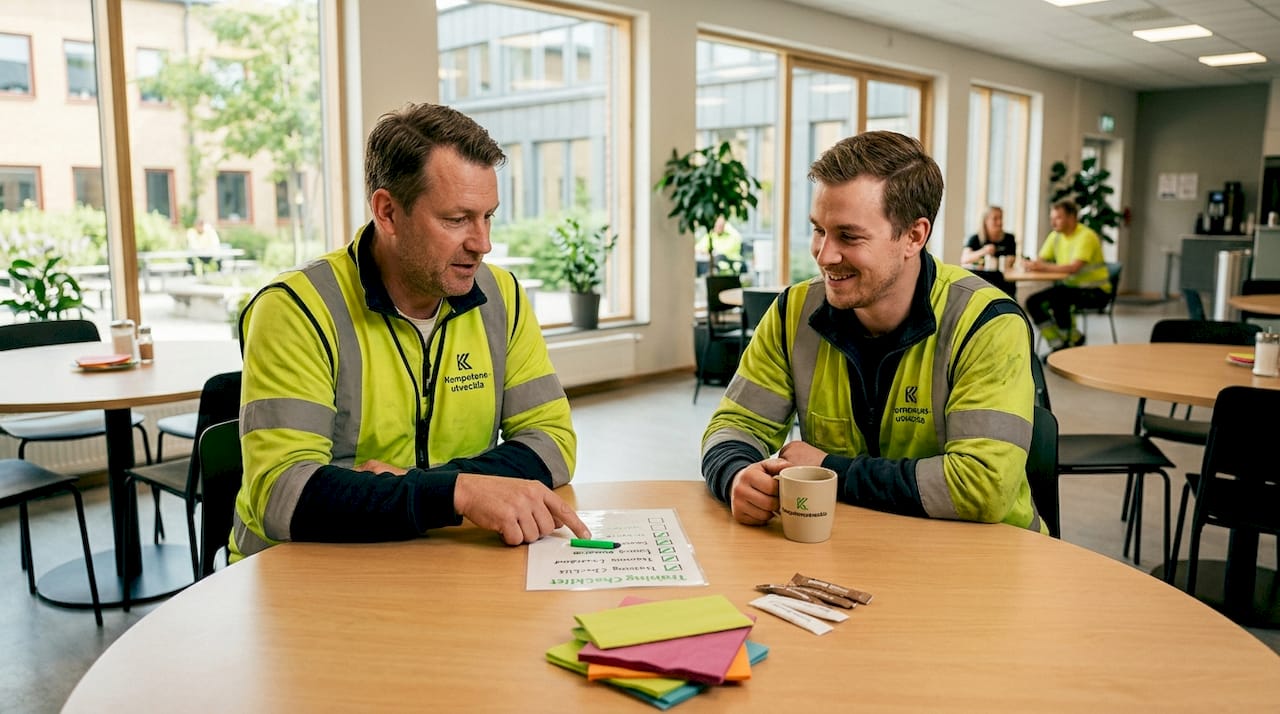 Två kollegor pratar om hur man hanterar risker medan de tar en kopp kaffe tillsammans på jobbet.