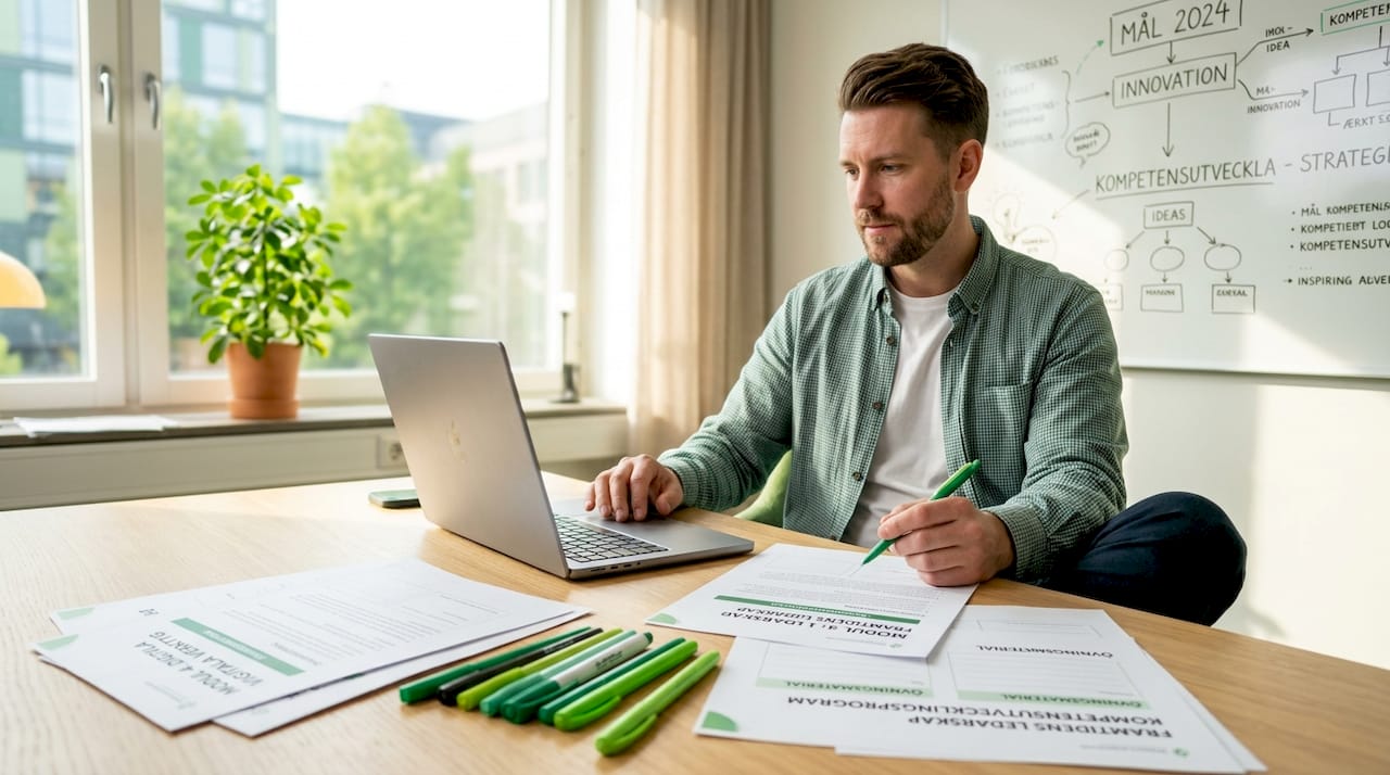 Utbildare arbetar med kursmaterial vid ett köksbord.