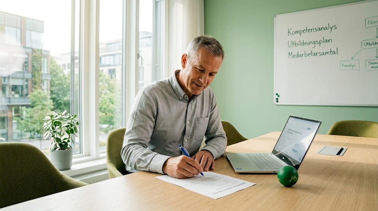 HR-specialist granskar ett enkätformulär på en dator