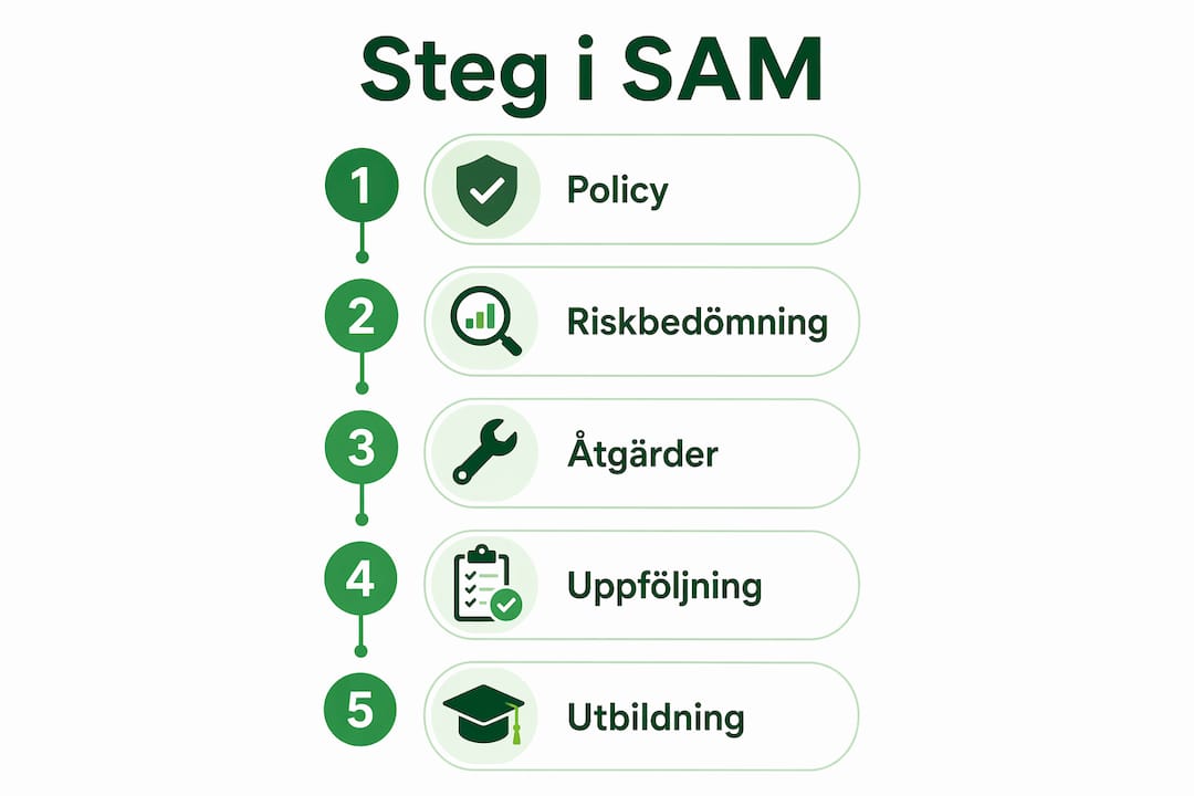 Illustration av stegen undersöka, riskbedöma, åtgärda och följa upp i SAM