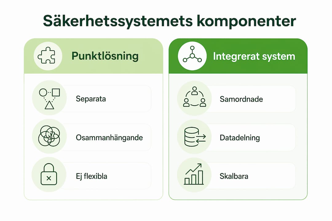 En överskådlig infografik som belyser skillnaderna mellan enskilda säkerhetslösningar och ett heltäckande integrerat säkerhetssystem.