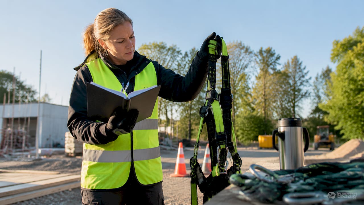 En kvinna granskar en fallsele på lagret