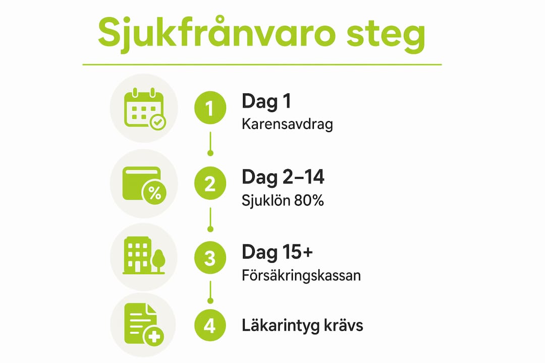 I den här infografiken får du en tydlig överblick över de olika stegen i reglerna för sjukfrånvaro.