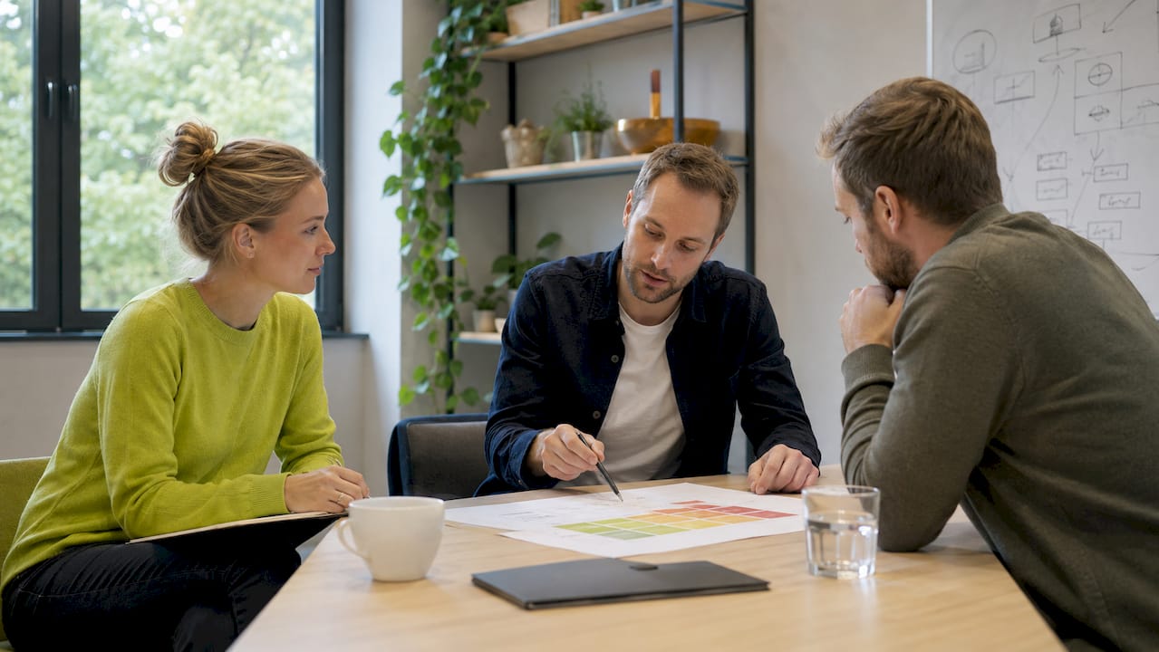 Ett team sitter samlat runt mötesbordet och går igenom riskbedömningar tillsammans.