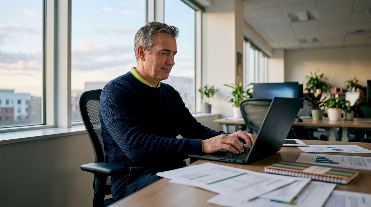 Någon sitter och jobbar vid sin laptop på kontoret och knappar in data.