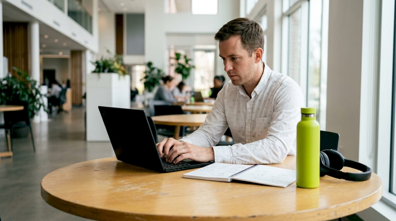 HR-chefen jobbar vid sin laptop i ett trivsamt och personligt inrett kontor.