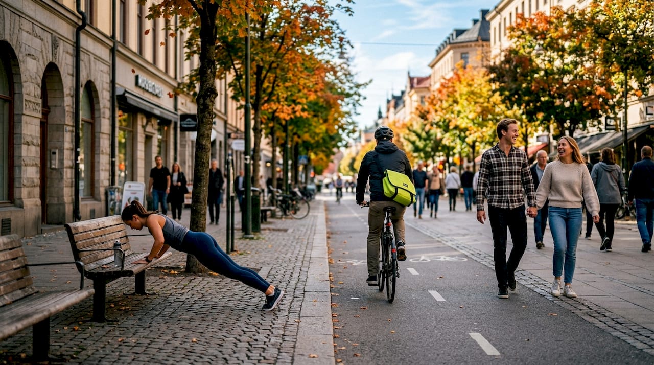 Människor som tränar i en stadspark en solig dag