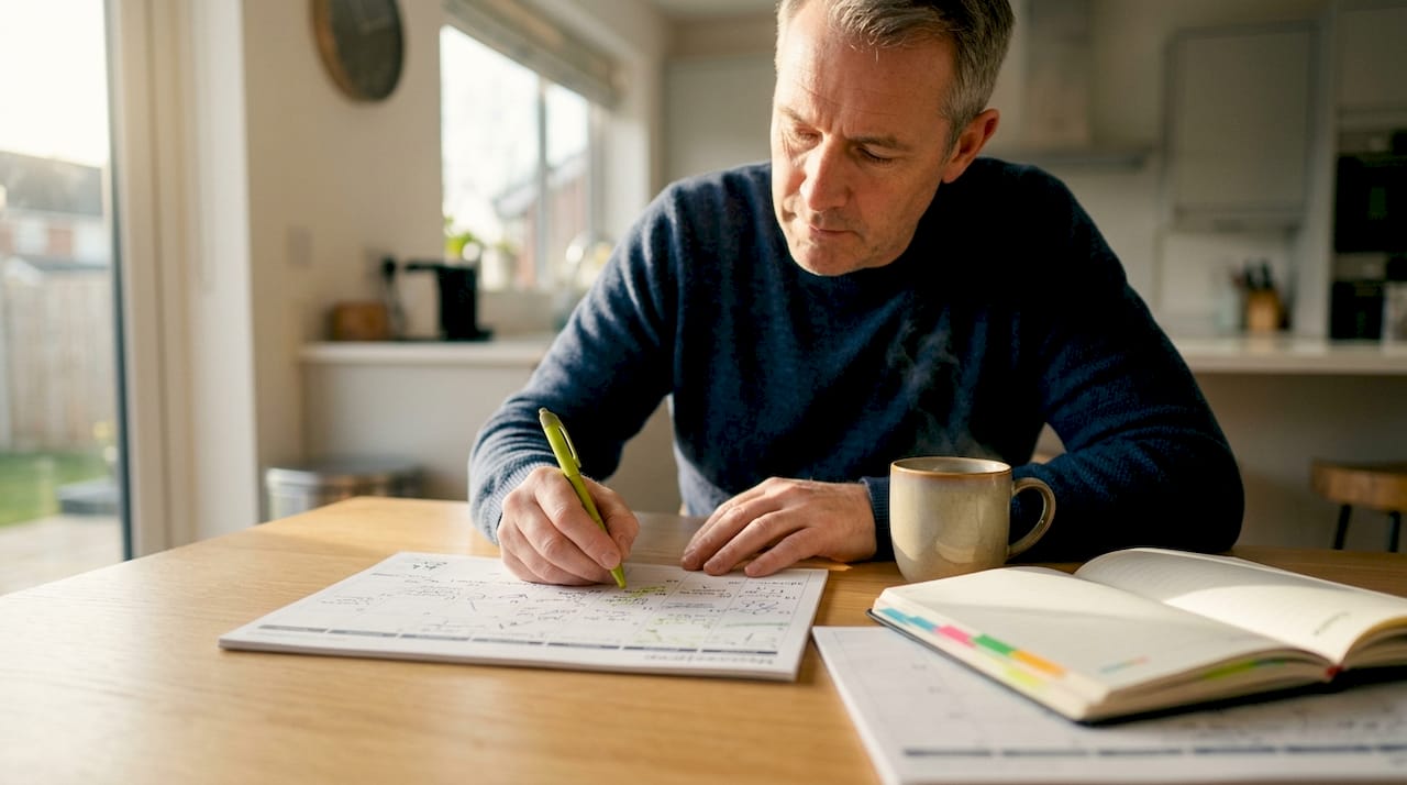 En person skriver in något i sin kalender – fokus på händerna.