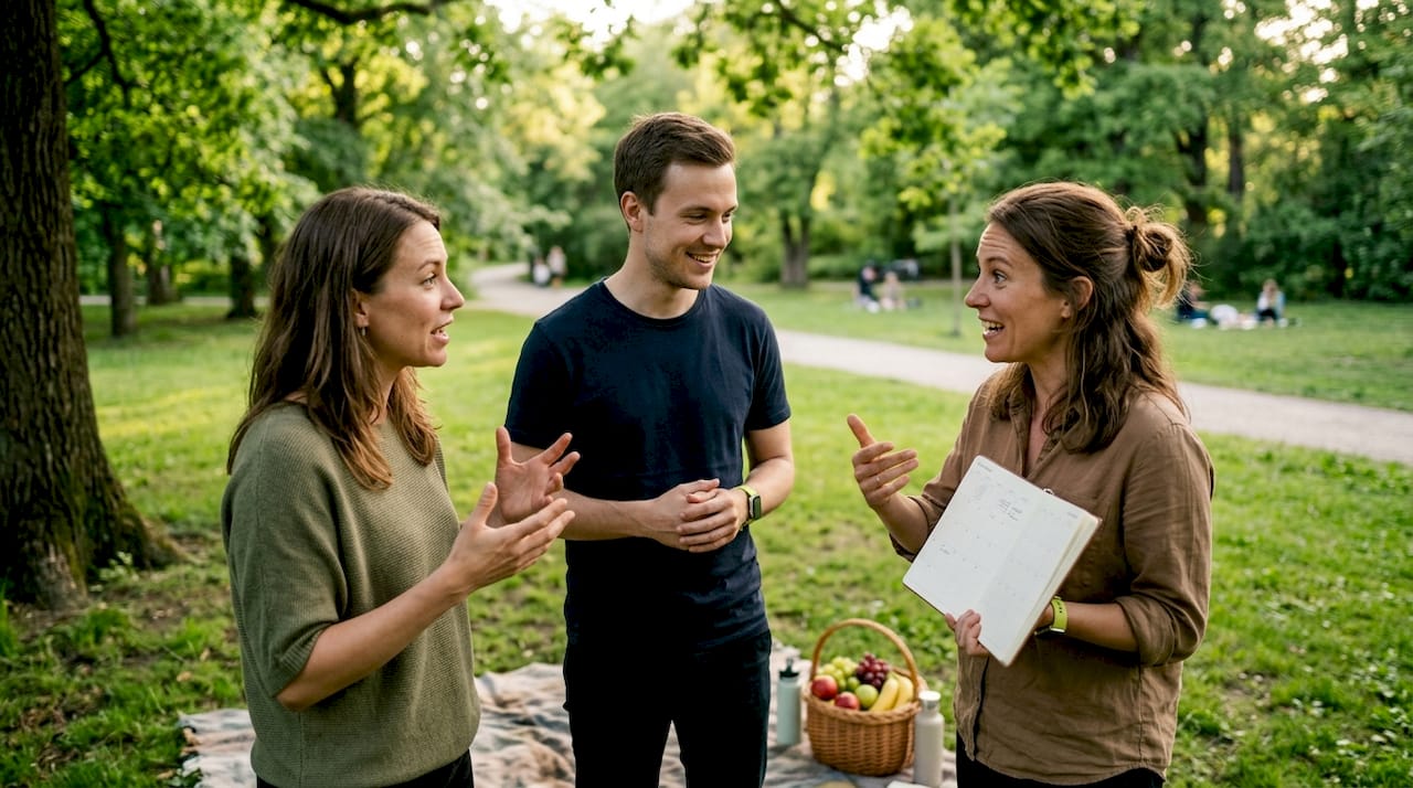 På kontoret sitter kollegorna och diskuterar semesterplaner tillsammans.