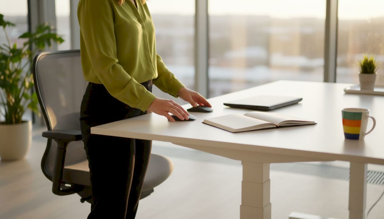 Händer som justerar höjden på ett ergonomiskt skrivbord