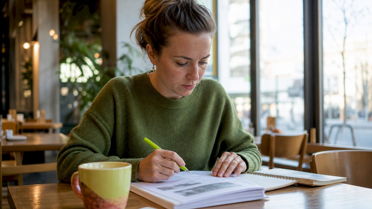 En student fördjupar sig i utbildningsmaterial inför en besiktningskurs.