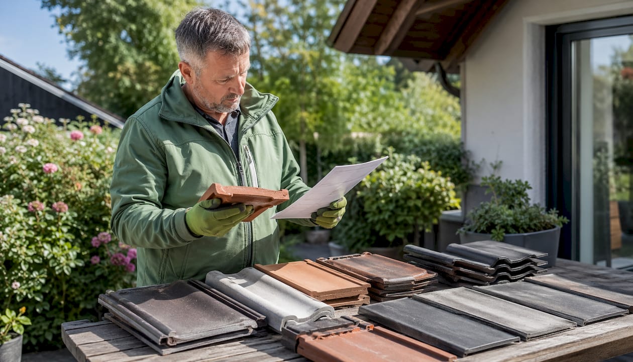 Ein Hausbesitzer begutachtet die Dachkonstruktion und vergleicht die Angebote für die anstehenden Arbeiten.