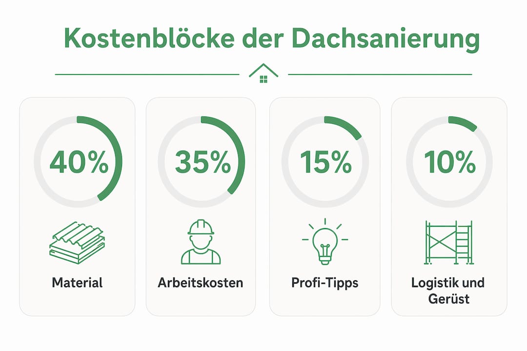Die Infografik veranschaulicht, wie sich die Kosten einer Dachsanierung zusammensetzen.