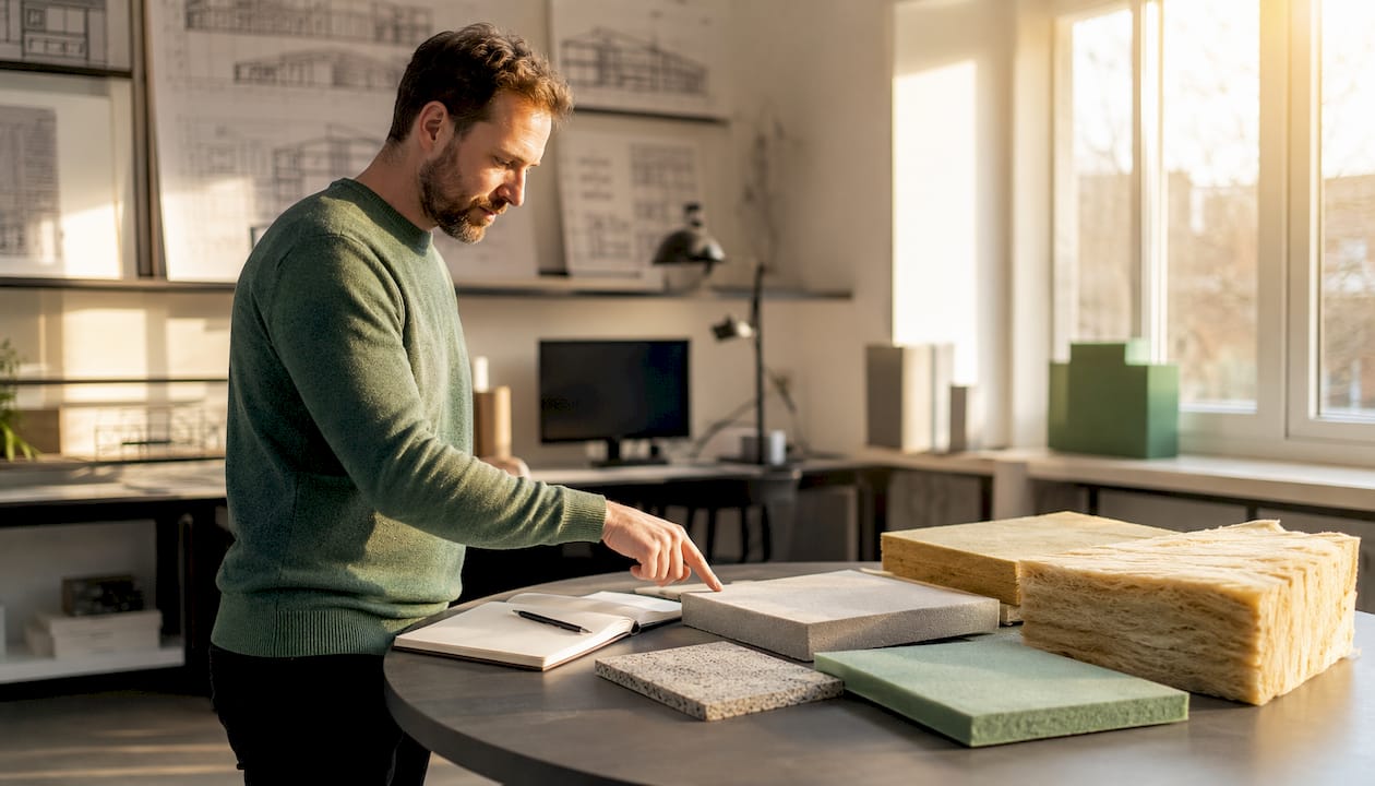 Ein Architekt prüft verschiedene Dämmstoffmuster an seinem Arbeitsplatz und sortiert sie sorgfältig.
