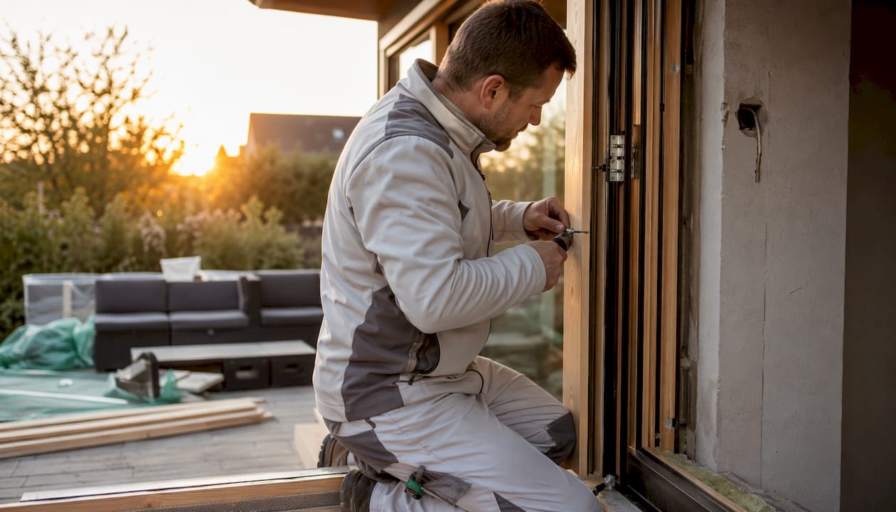 Ein Handwerker baut eine große Terrassentür fachgerecht ein.