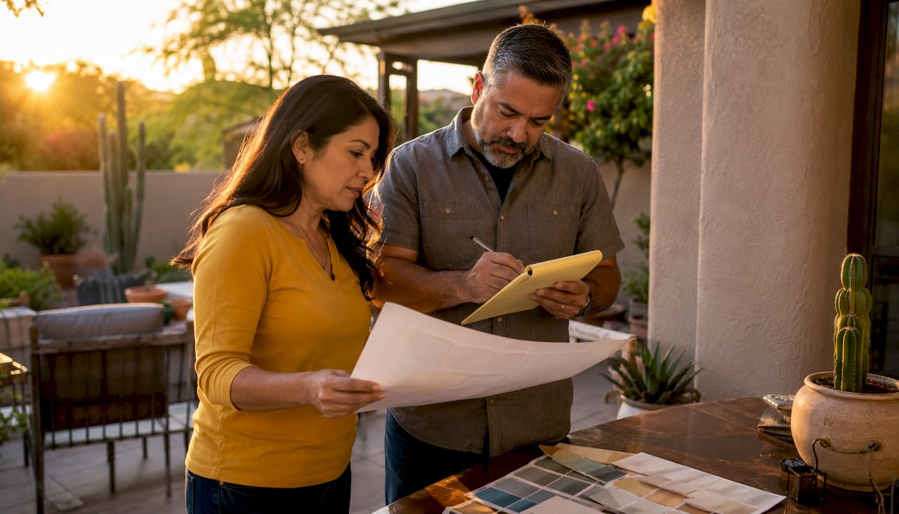 Couple reviewing bathroom remodel costs at table