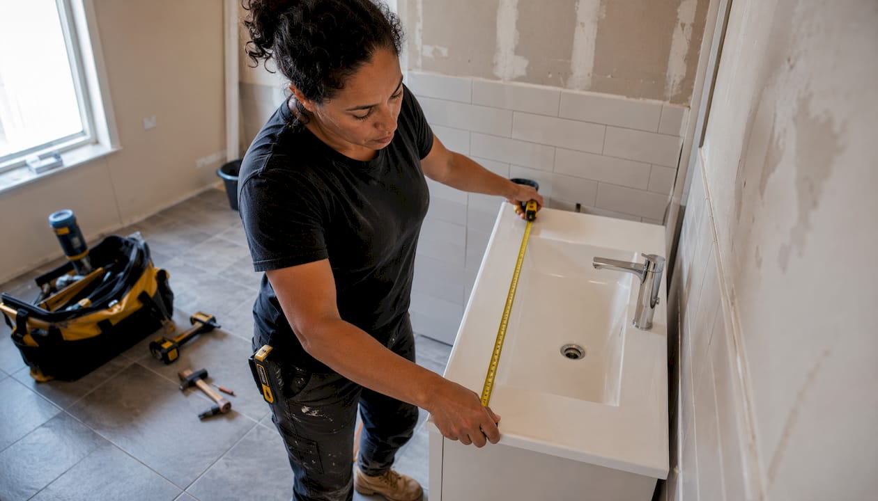 Contractor installing bathroom vanity in Phoenix home