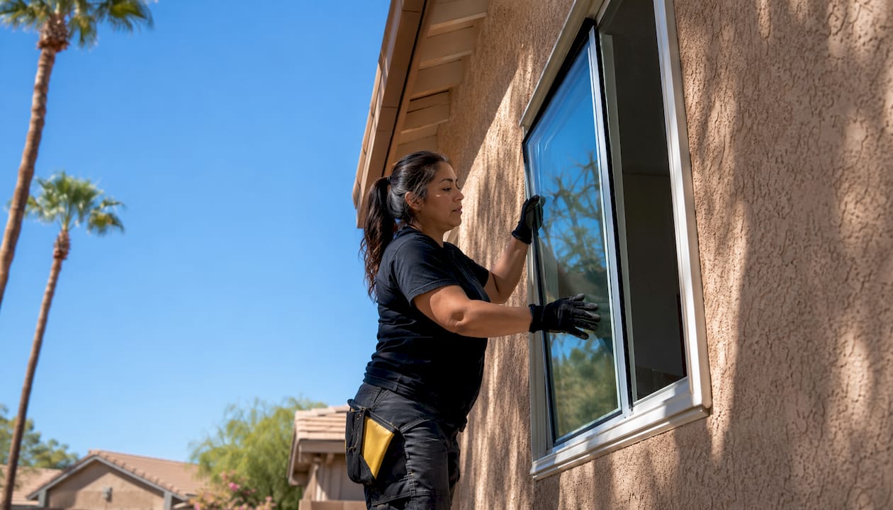 Installer fitting double-pane Low-E glass