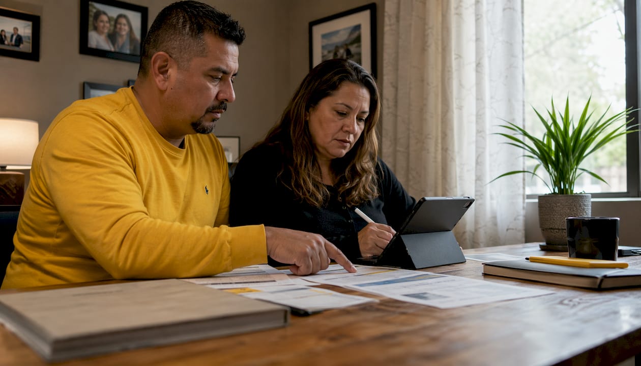 Couple reviewing window replacement estimates