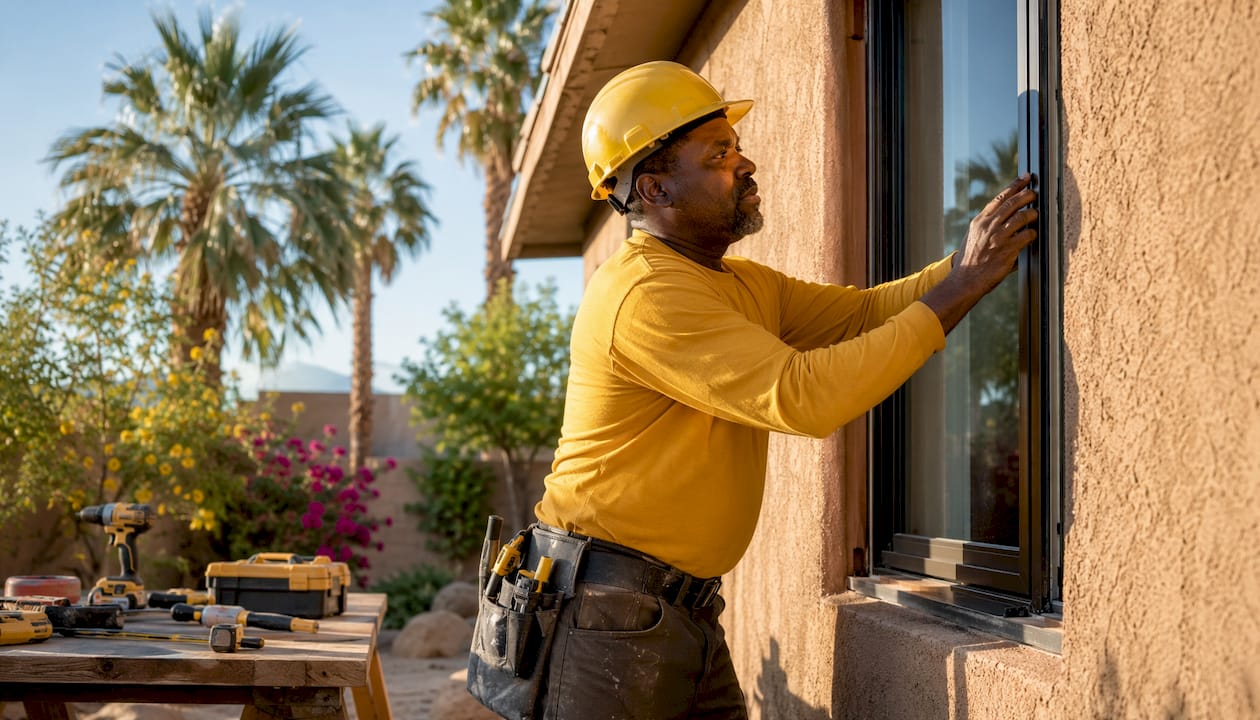 Technician applying flashing on window frame