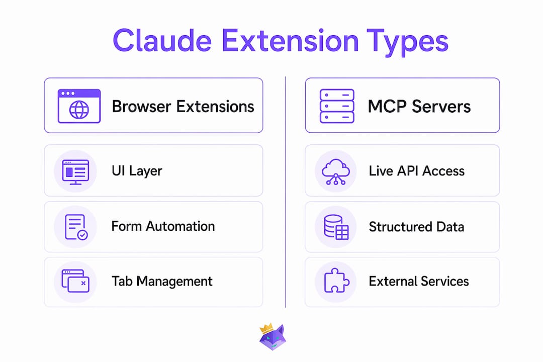 Infographic comparing Claude browser extensions and MCP servers