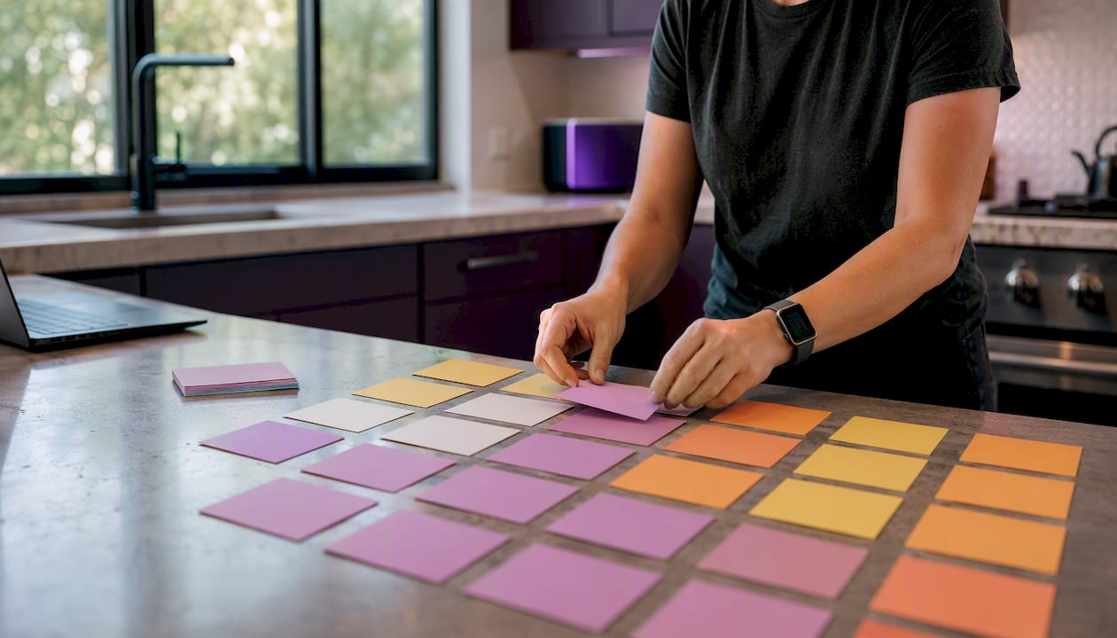 Hands sorting color-coded cards for AI prompt migration