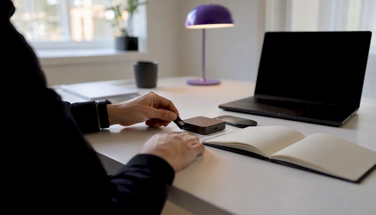 Hands inserting hardware security token