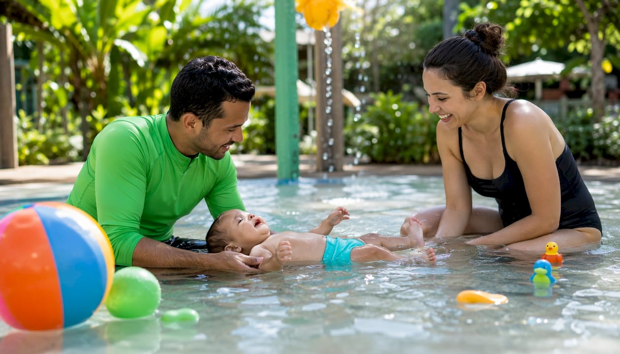 Gemeinsamer Babyschwimmkurs im Hallenbad – mit Mama, Papa und erfahrener Kursleitung