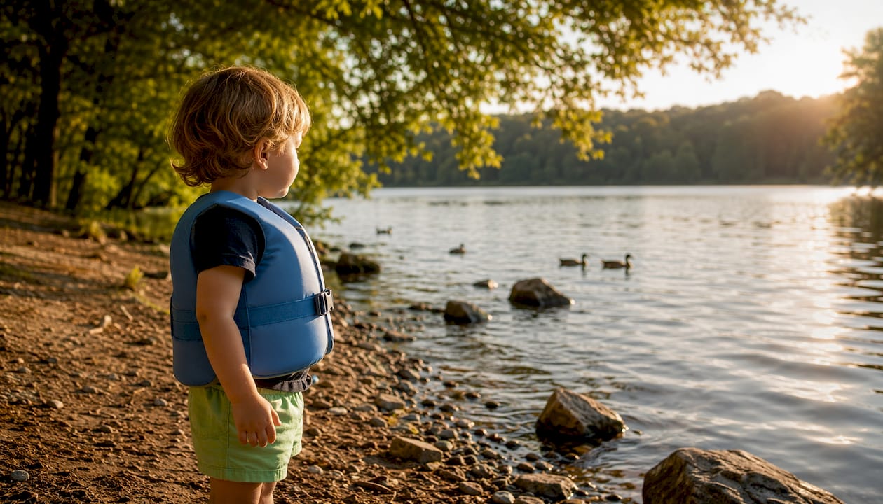 Ein Kind spielt sicher am See und trägt dabei eine passende Schwimmweste.