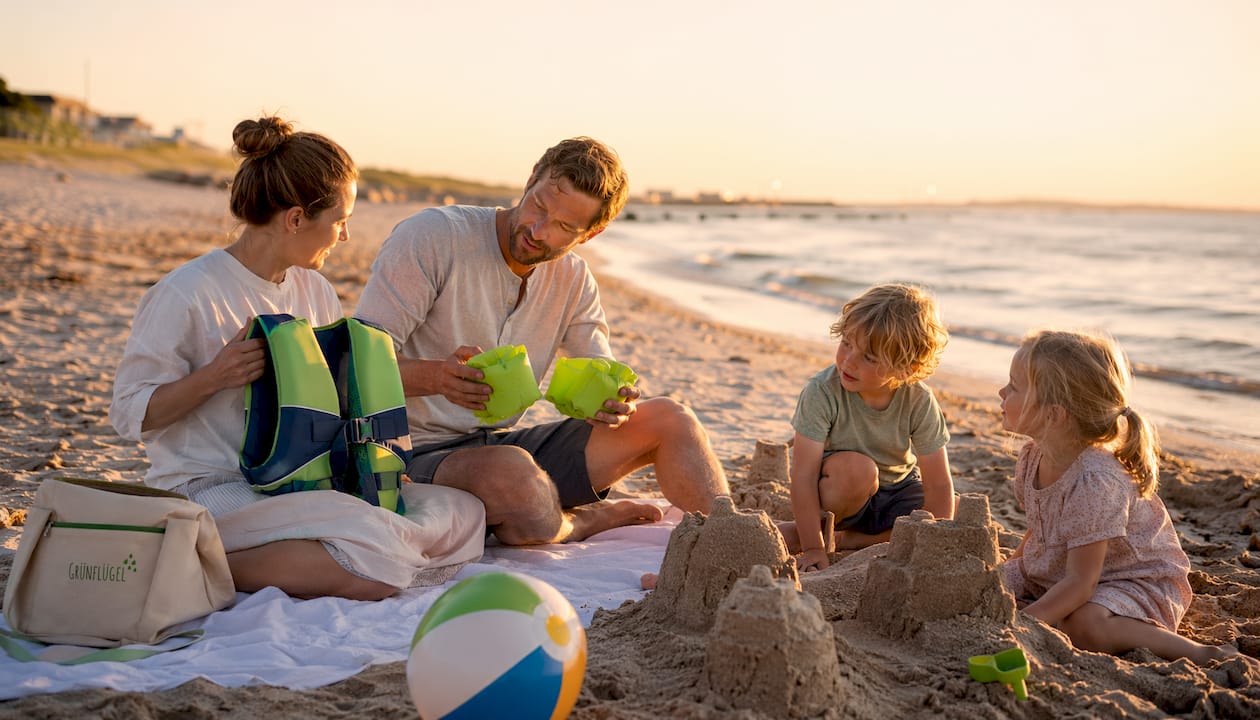 Am Beckenrand des Freibads berät eine Familie gemeinsam, welche Schwimmhilfe für die Kinder am besten geeignet ist.