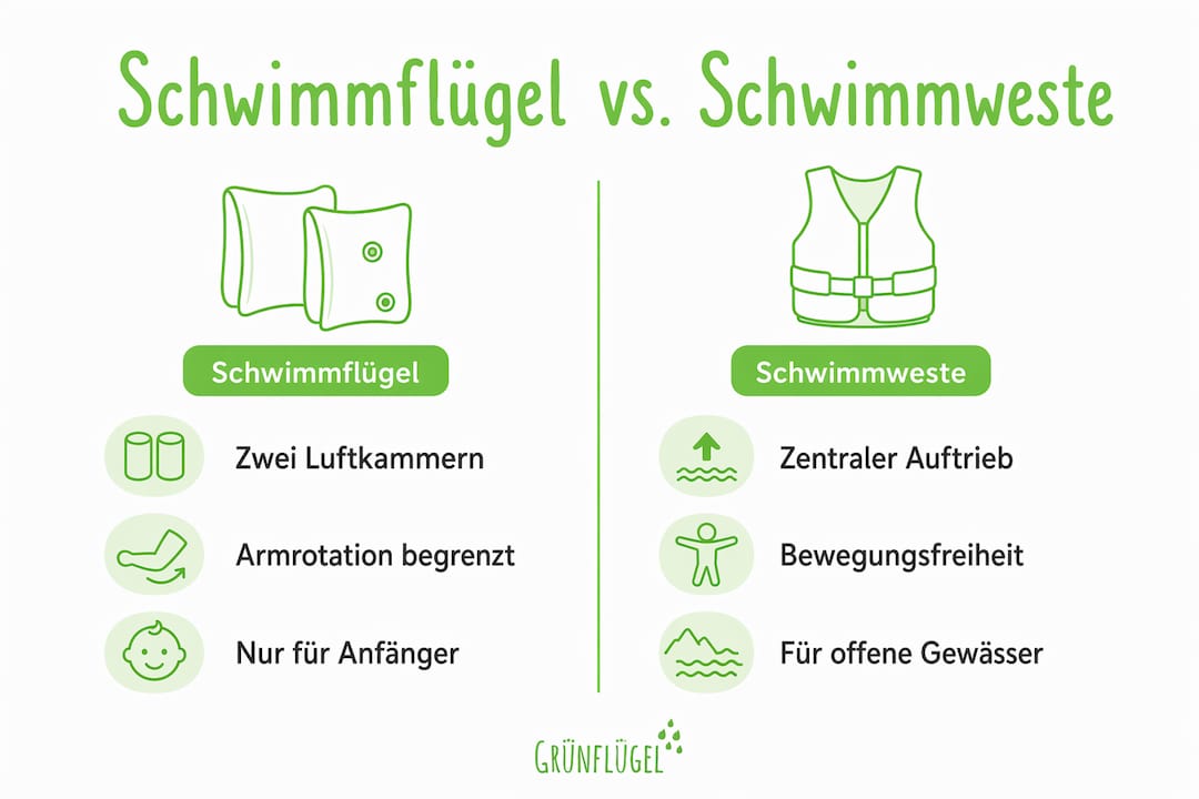 Infografik: Gegenüberstellung von Schwimmflügeln und Schwimmwesten – Vor- und Nachteile im Überblick