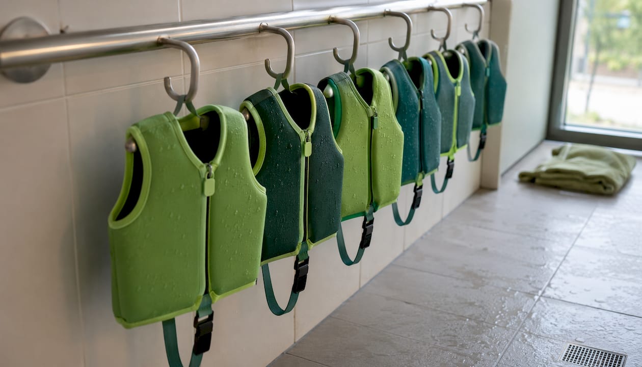 Schwimmwesten bitte im Umkleidebereich an den vorgesehenen Haken aufhängen.