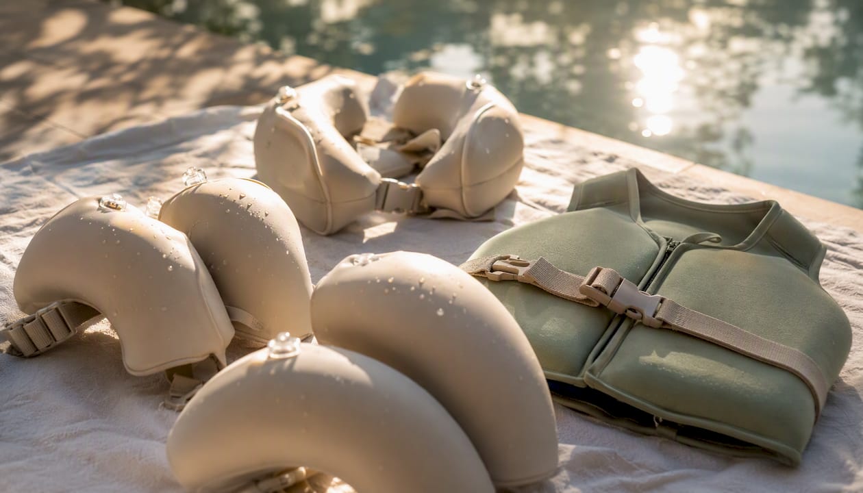 Umweltfreundliche Schwimmhilfen für Kinder – direkt am Poolrand griffbereit.