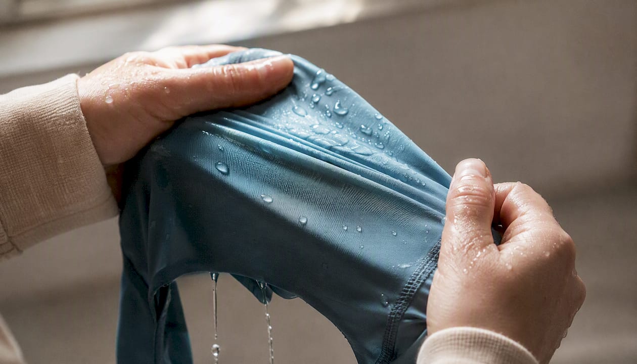 Detailansicht eines nassen, gedehnten UV-Schwimmstoffs